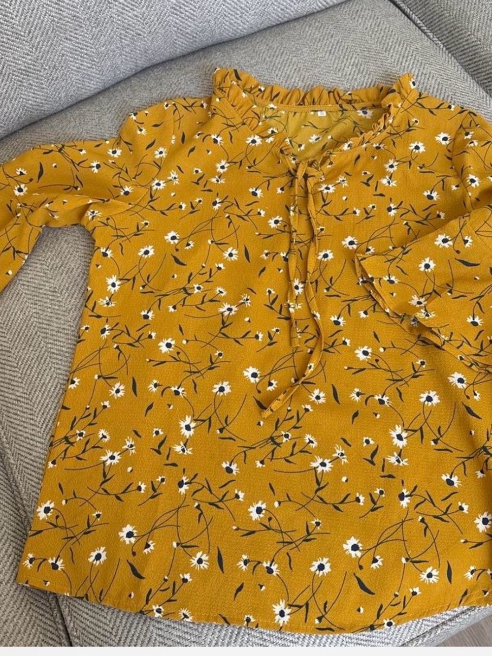 Mustard Floral Tie-Neck Blouse
